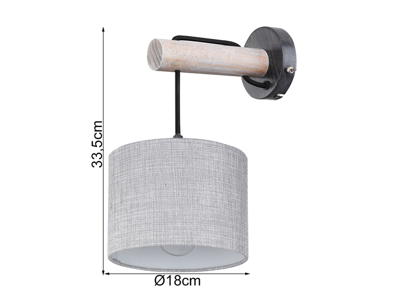 LED Wandleuchte mit Schalter, Holz und Stoffschirm Grau, Höhe 33,5cm