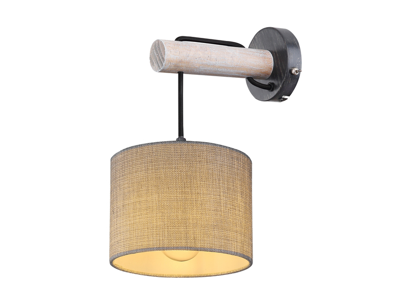 LED Wandleuchte mit Schalter, Holz und Stoffschirm Grau, Höhe 33,5cm