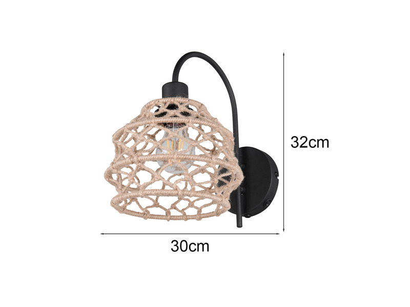 Boho LED Wandleuchte mit Schalter & Lampenschirm geflochten Hanfseil, Höhe 32cm