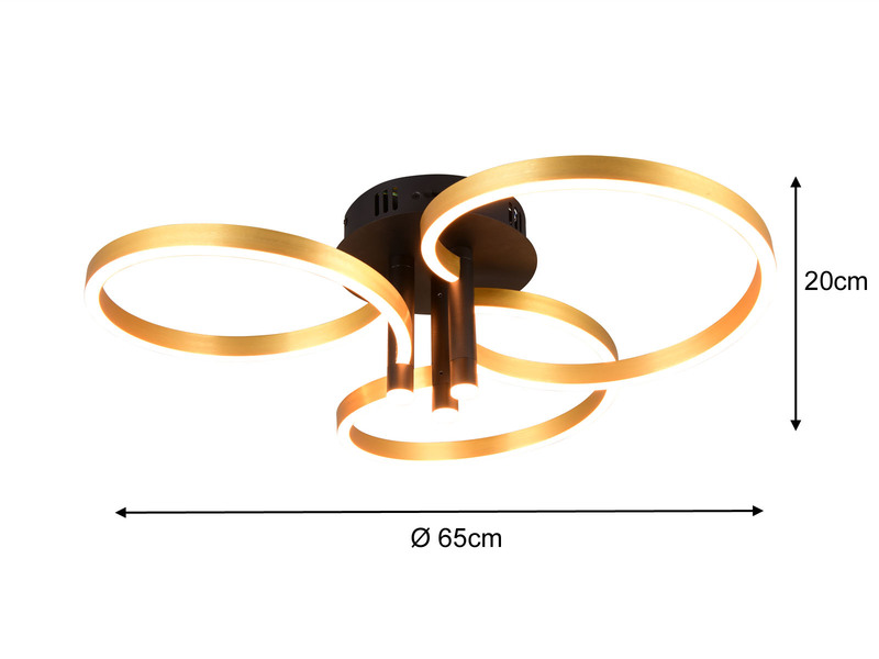 Große LED Deckenleuchte CARUSO Schwarz Gold dimmbar über Lichtschalter, Ø 65cm