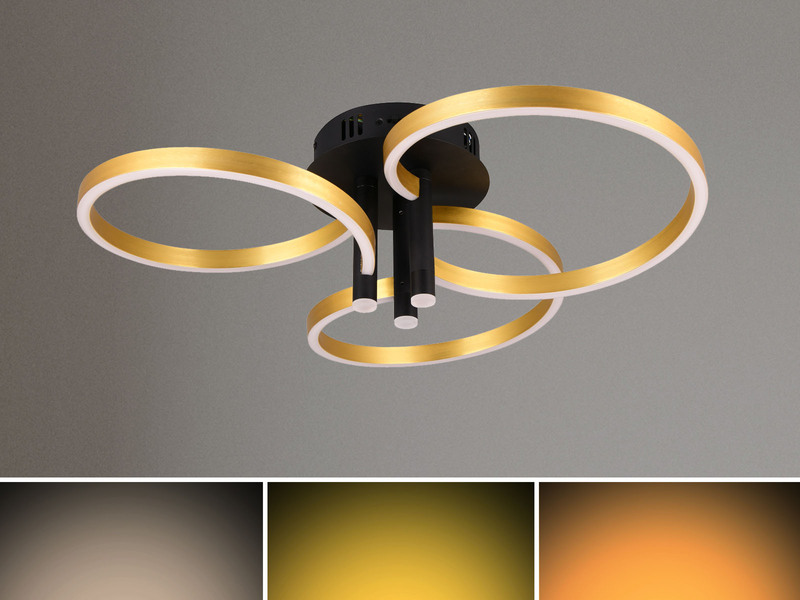 Große LED Deckenleuchte CARUSO Schwarz Gold dimmbar über Lichtschalter, Ø 65cm