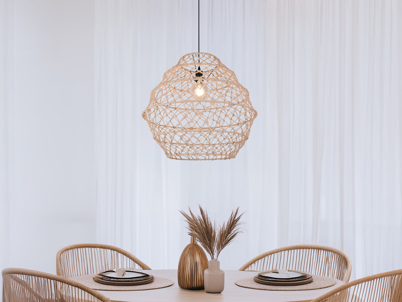 Große LED Boho Pendelleuchte mit Lampenschirm geflochten Hanfseil, Ø 60cm