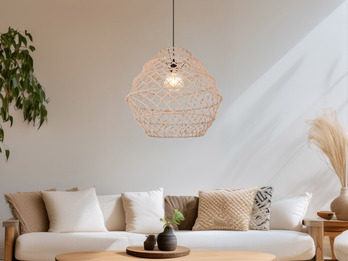 Große LED Boho Pendelleuchte mit Lampenschirm geflochten Hanfseil, Ø 60cm