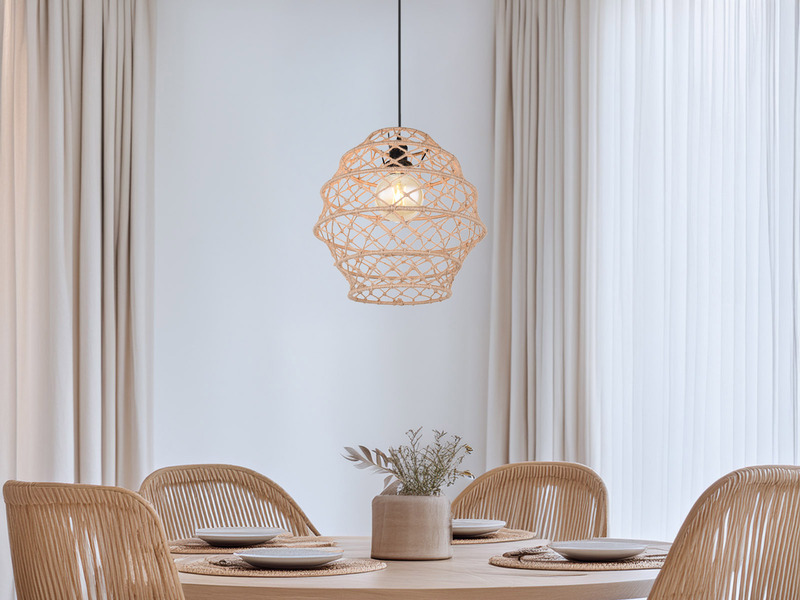 Boho LED Pendelleuchte mit Lampenschirm geflochten aus Hanfseil, Ø 38cm