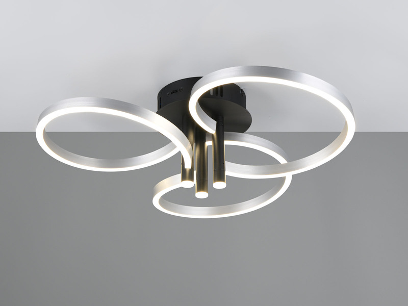 Große LED Deckenleuchte CARUSO Schwarz Silber dimmbar über Lichtschalter, Ø 65cm