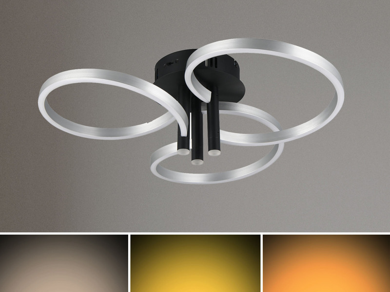Große LED Deckenleuchte CARUSO Schwarz Silber dimmbar über Lichtschalter, Ø 65cm