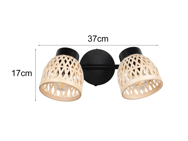 LED Deckenstrahler 2-flammig mit Korb Lampenschirmen aus Bambus, Breite 37cm