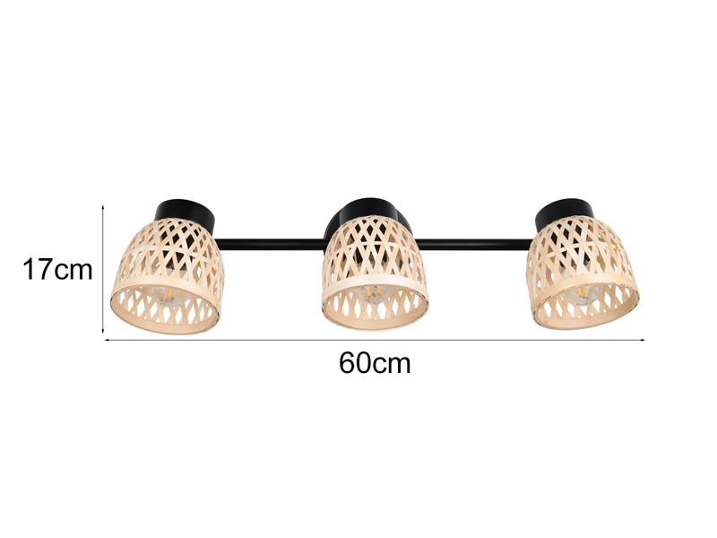 LED Deckenstrahler 3-flammig mit Korb Lampenschirmen aus Bambus, Breite 60cm