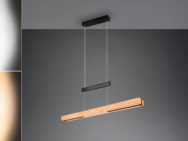 Ausziehbare LED Pendelleuchte TRAJAN höhenverstellbar Schwarz mit Holz, B: 150cm