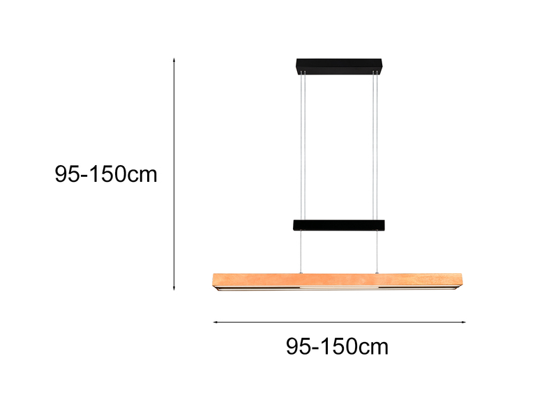 Ausziehbare LED Pendelleuchte TRAJAN höhenverstellbar Schwarz mit Holz, B: 150cm