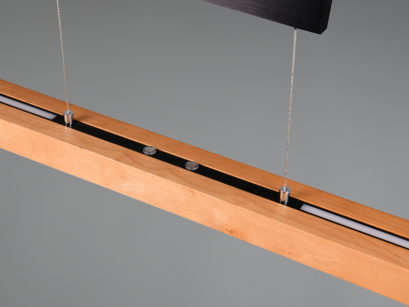 Ausziehbare LED Pendelleuchte TRAJAN höhenverstellbar Schwarz mit Holz, B: 150cm