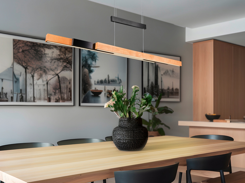 Ausziehbare LED Pendelleuchte TRAJAN höhenverstellbar Schwarz mit Holz, B: 150cm
