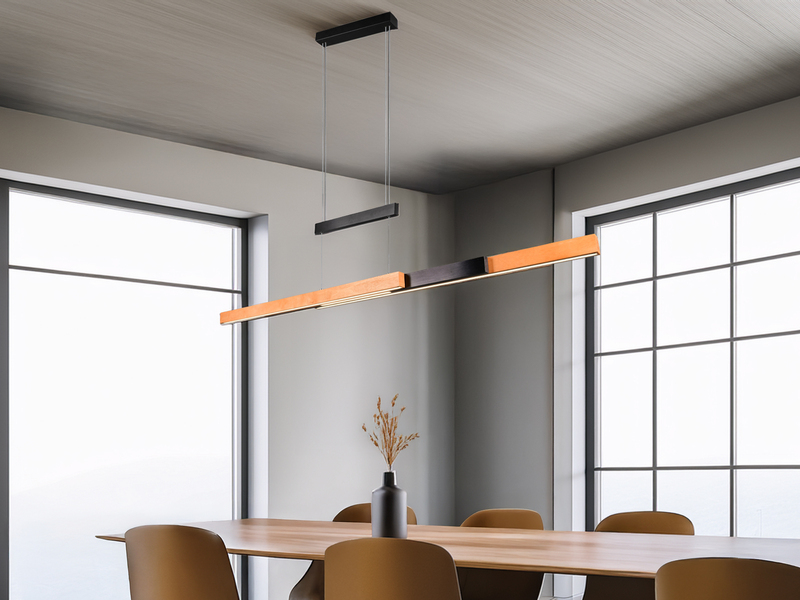 Ausziehbare LED Pendelleuchte TRAJAN höhenverstellbar Schwarz mit Holz, B: 150cm