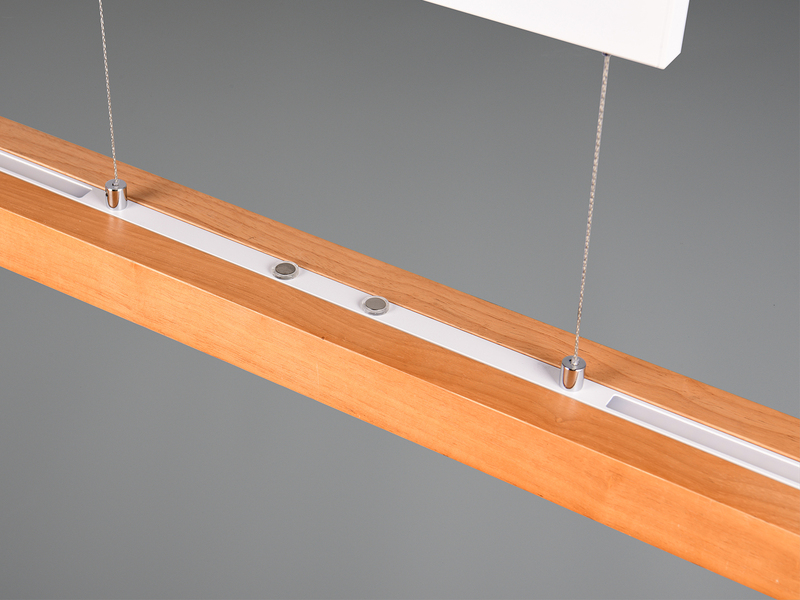 Ausziehbare LED Pendelleuchte TRAJAN höhenverstellbar Weiß mit Holz Breite 150cm