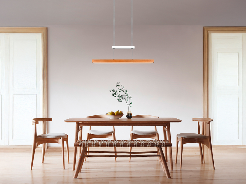 Ausziehbare LED Pendelleuchte TRAJAN höhenverstellbar Weiß mit Holz Breite 150cm