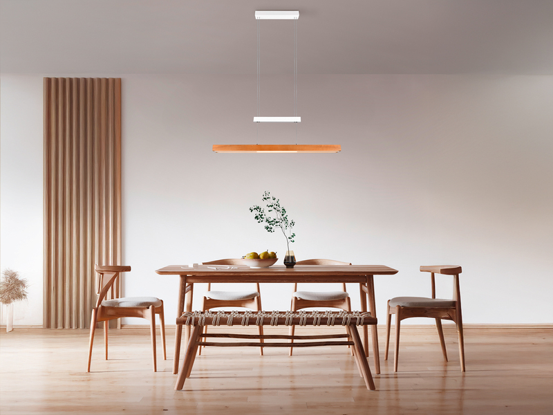 LED Pendelleuchte TRAJAN ausziehbar höhenverstellbar Weiß Holz, Breite 150cm