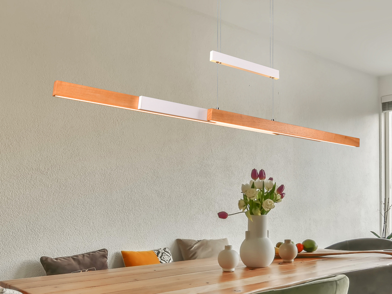 LED Pendelleuchte TRAJAN ausziehbar höhenverstellbar Weiß Holz, Breite 150cm