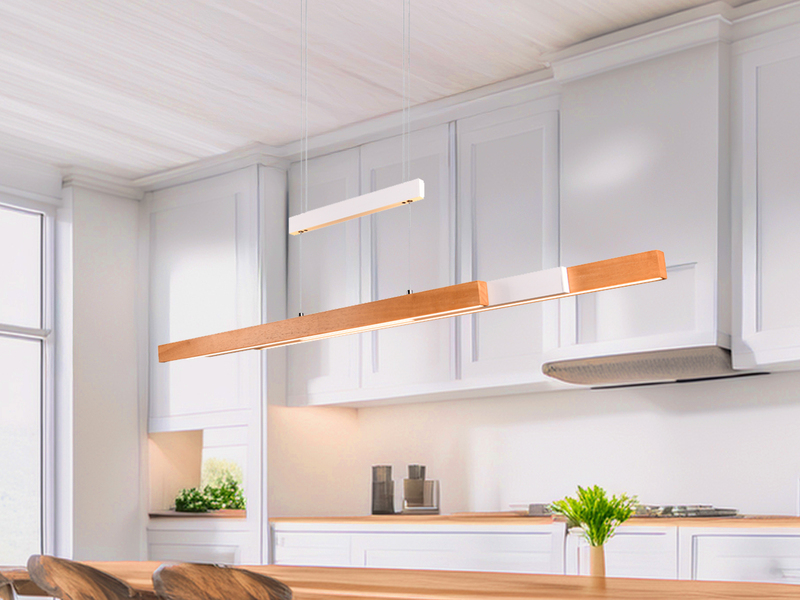 LED Pendelleuchte TRAJAN ausziehbar höhenverstellbar Weiß Holz, Breite 150cm