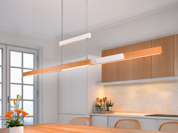 LED Pendelleuchte TRAJAN ausziehbar höhenverstellbar Weiß Holz, Breite 150cm