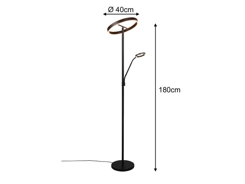 LED Stehlampe WILLIS mit Leselampe, dimmbar, 3 Lichtfarben, Schwarz, 180cm groß