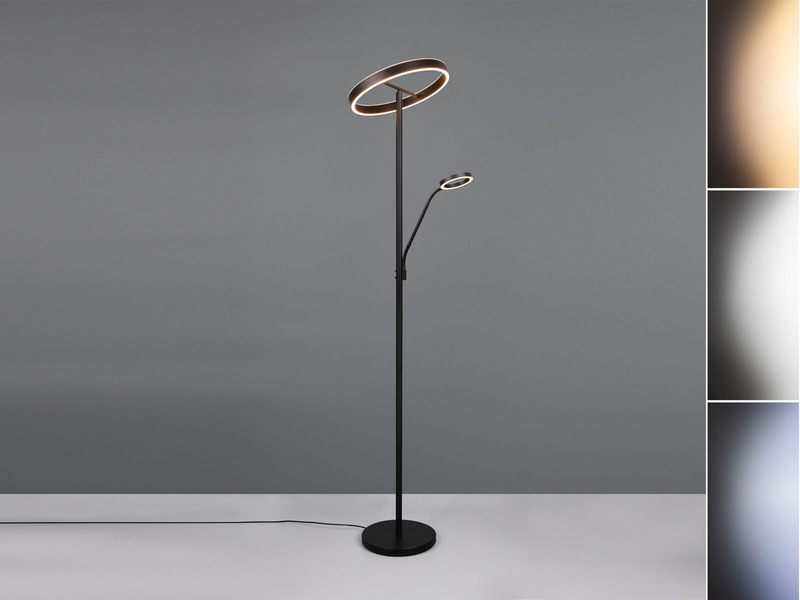 LED Stehlampe WILLIS mit Leselampe, dimmbar, 3 Lichtfarben, Schwarz, 180cm groß