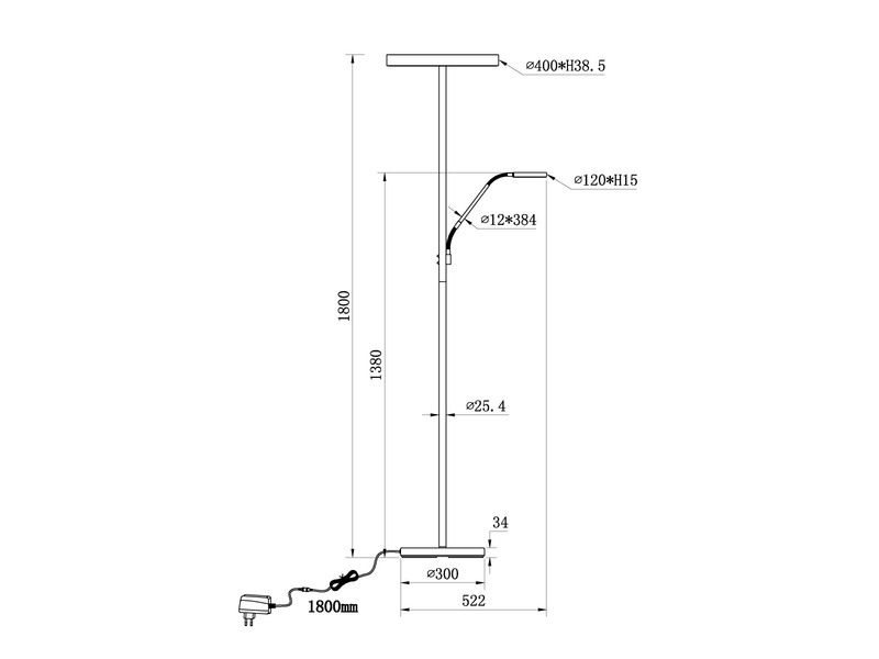 LED Stehlampe WILLIS mit Leselampe, dimmbar, 3 Lichtfarben, Schwarz, 180cm groß