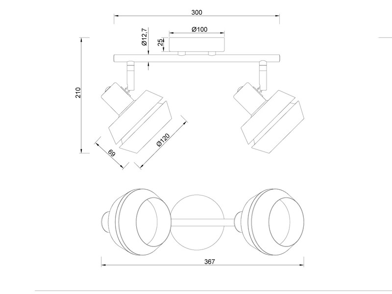 LED Deckenstrahler 2-flammig Schwarz, Metallschirme Grau, Breite 37cm