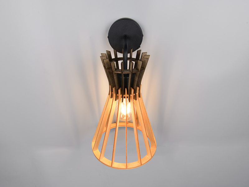 LED Wandleuchte mit Schalter & Lamellen Lampenschirm in Holzoptik, Höhe 24cm