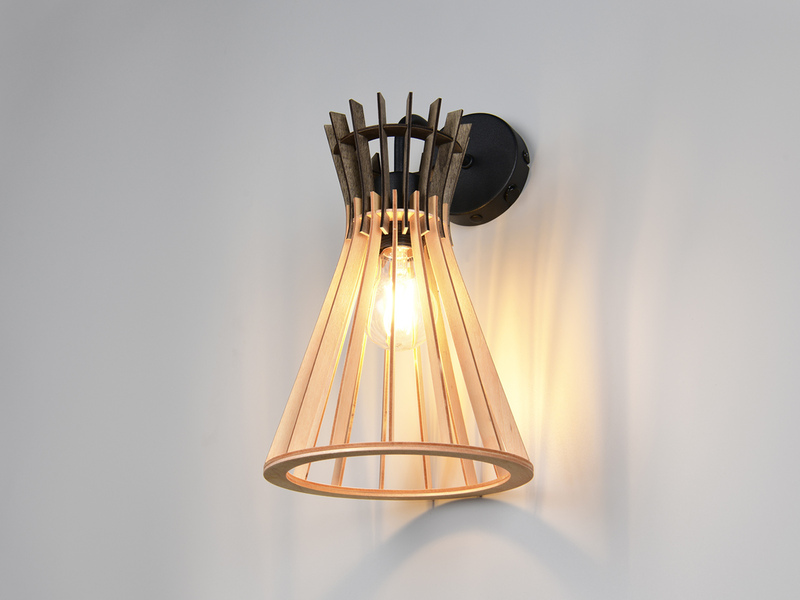 LED Wandleuchte mit Schalter & Lamellen Lampenschirm in Holzoptik, Höhe 24cm