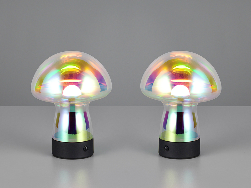 2er SET kleine Akku Tischleuchten aus irisierendem Glas, Höhe 18cm