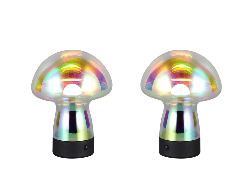 2er SET kleine Akku Tischleuchten aus irisierendem Glas, Höhe 18cm