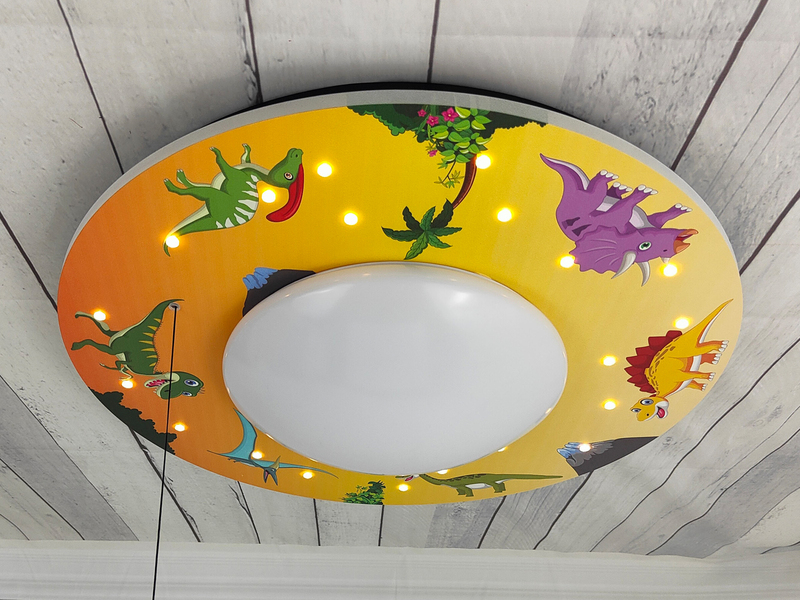 Coole LED Deckenleuchte Dino Motiv fürs Kinderzimmer Schlummerlicht bunt Ø54cm