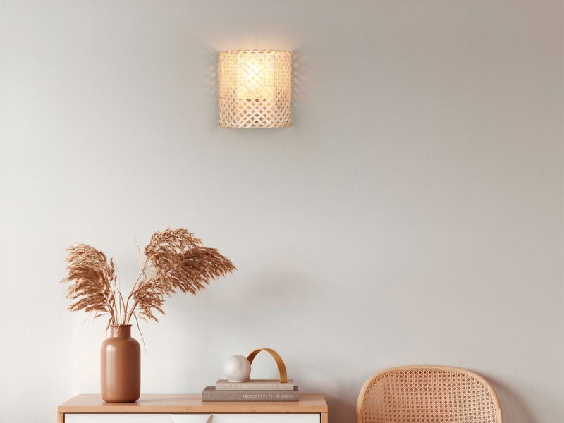 LED Wandleuchte mit Lampenschirm aus Bambus & Schalter, Höhe 19cm