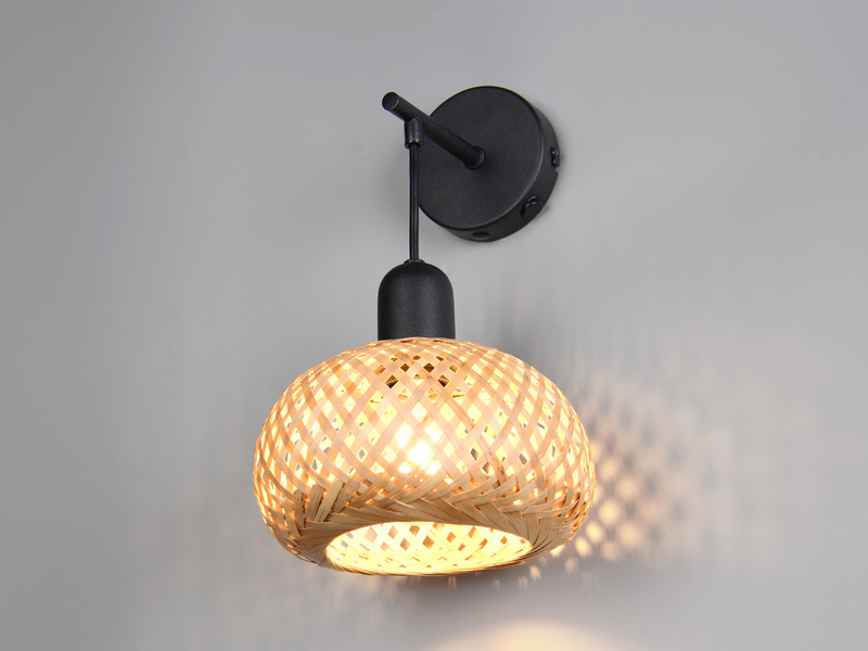 LED Wandleuchte mit Schalter & Korb Lampenschirm aus Bambus, Höhe 30cm
