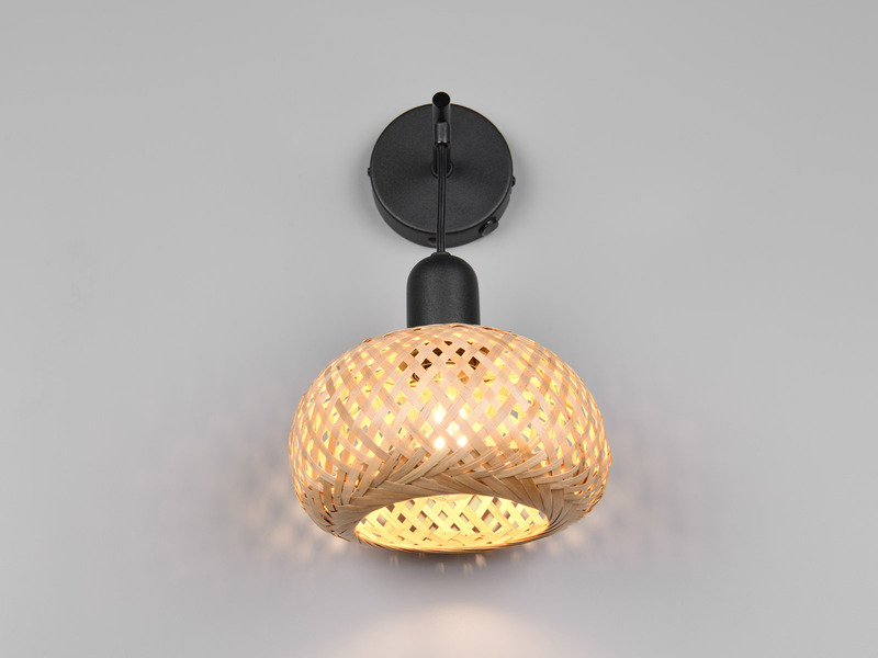 LED Wandleuchte mit Schalter & Korb Lampenschirm aus Bambus, Höhe 30cm
