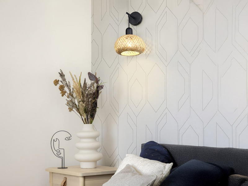 LED Wandleuchte mit Schalter & Korb Lampenschirm aus Bambus, Höhe 30cm