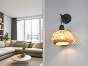 LED Wandleuchte mit Schalter & Korb Lampenschirm aus Bambus, Höhe 30cm