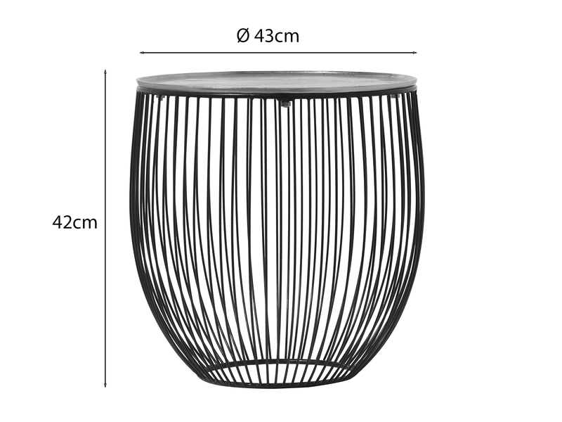 Beistelltisch RINA Korbtisch Metall Schwarz und Tischplatte Silber, Höhe 42cm