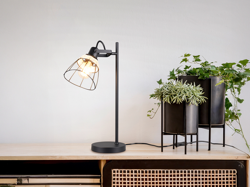 Große Schreibtischleuchte JEROME mit Rattan & Gitter Lampenschirm, Höhe 50cm