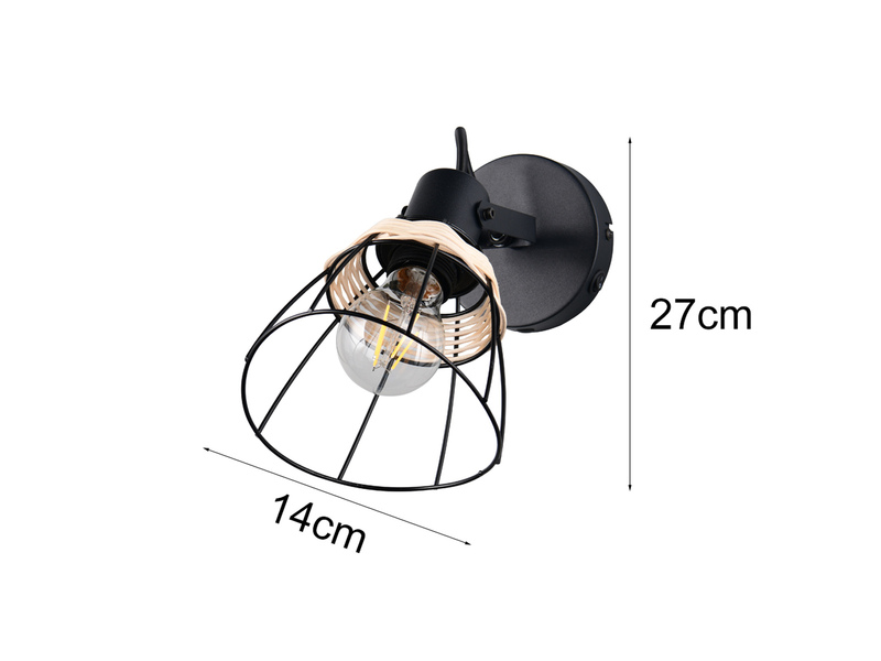 Wandstrahler JEROME mit Schalter & Gitter Lampenschirm Rattan, Höhe 27cm