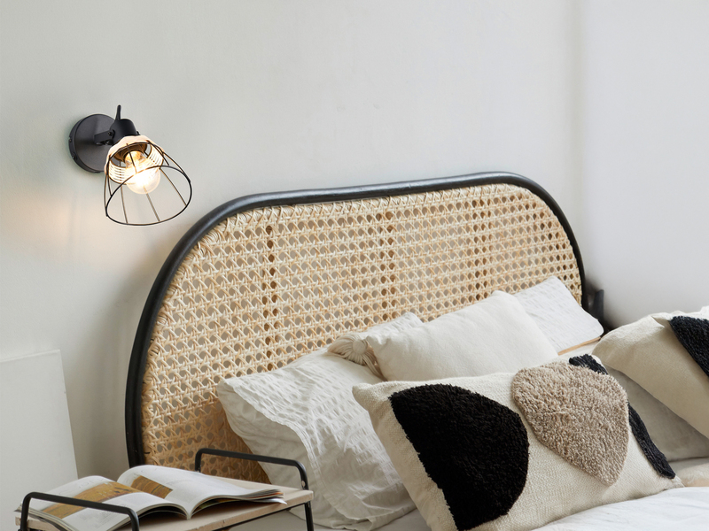 Wandstrahler JEROME mit Schalter & Gitter Lampenschirm Rattan, Höhe 27cm