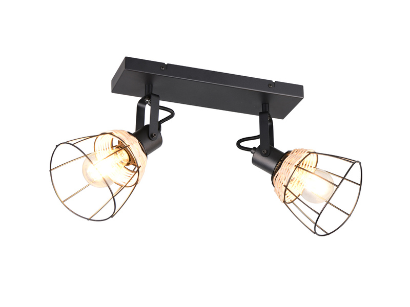 Deckenstrahler JEROME 2-flammig mit Gitter & Rattan Schirmen, Breite 36cm