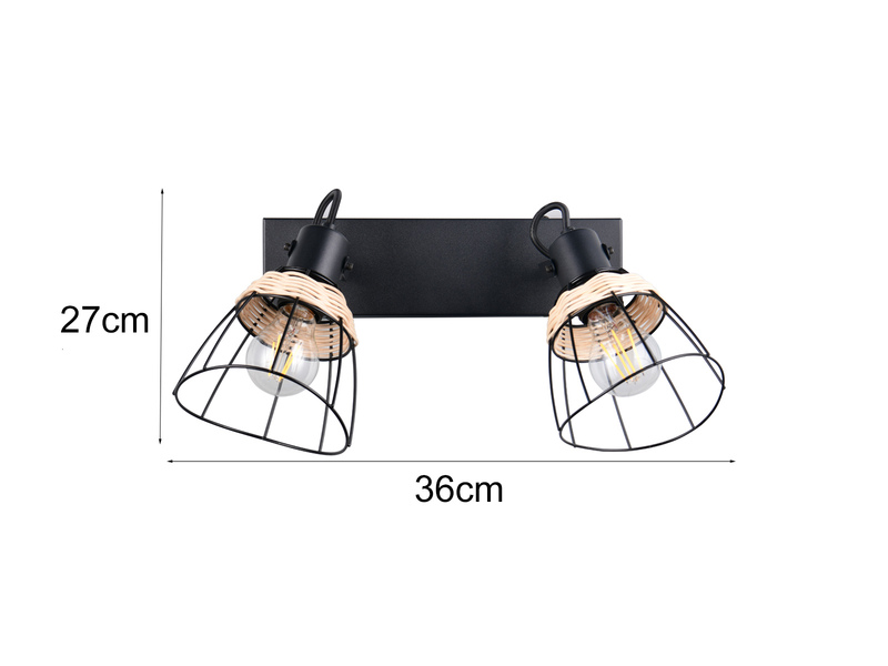 Deckenstrahler JEROME 2-flammig mit Gitter & Rattan Schirmen, Breite 36cm