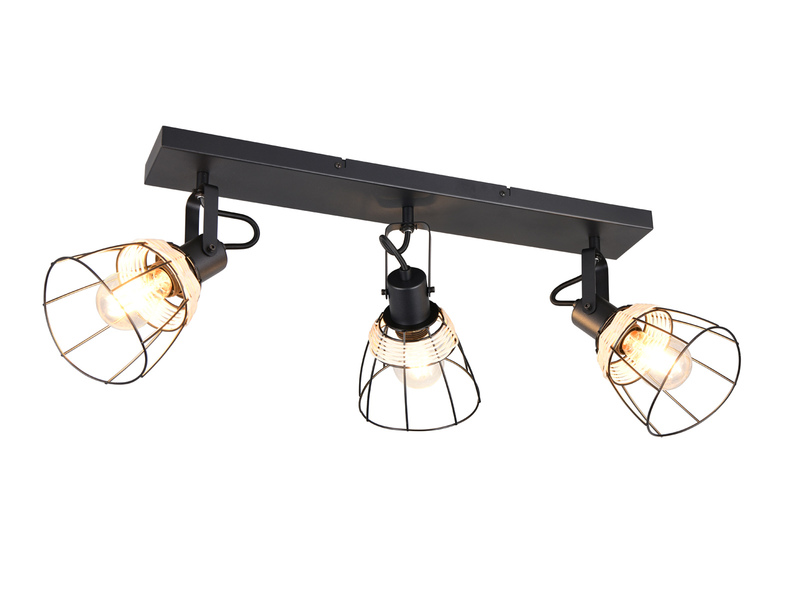 Deckenstrahler JEROME 3-flammig mit Gitter & Rattan Schirmen, Breite 62cm