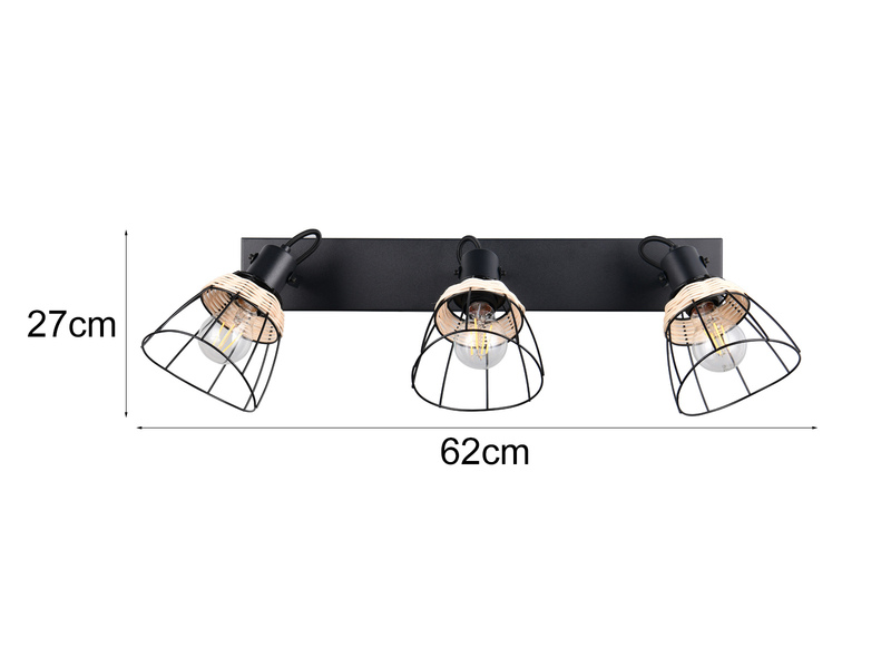 Deckenstrahler JEROME 3-flammig mit Gitter & Rattan Schirmen, Breite 62cm