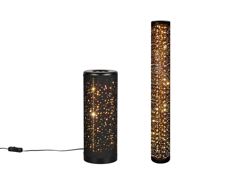 SET ausgefallene Stehlampe & Tischlampe Stoff Schwarz Gold mit Starlight Effekt