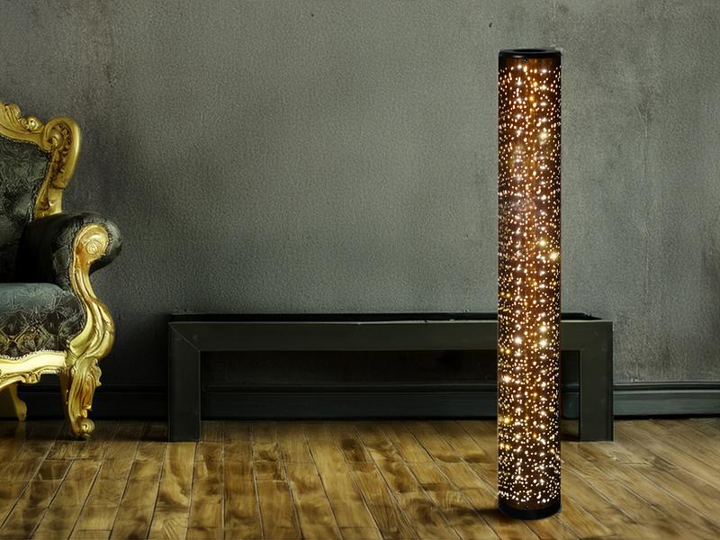 SET ausgefallene Stehlampe & Tischlampe Stoff Schwarz Gold mit Starlight Effekt