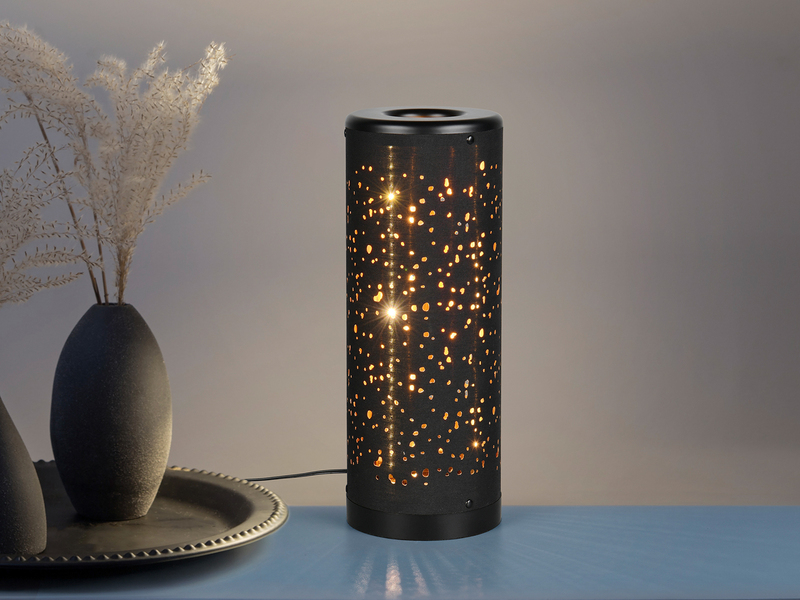 SET ausgefallene Stehlampe & Tischlampe Stoff Schwarz Gold mit Starlight Effekt