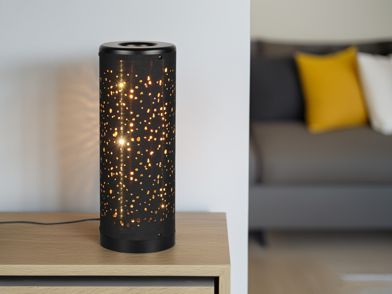 SET ausgefallene Stehlampe & Tischlampe Stoff Schwarz Gold mit Starlight Effekt