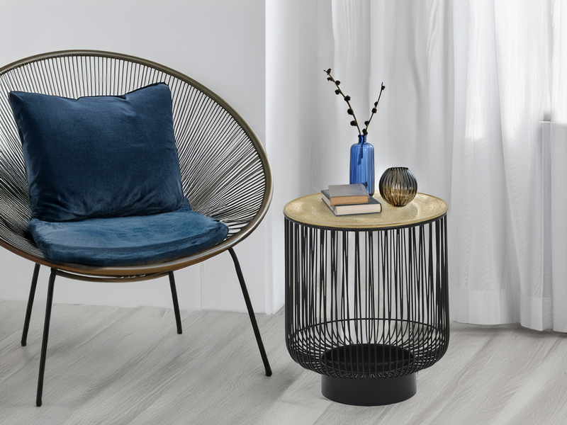 Beistelltisch RINA Korbtisch Metall Schwarz und Tischplatte Gold, Höhe 46cm